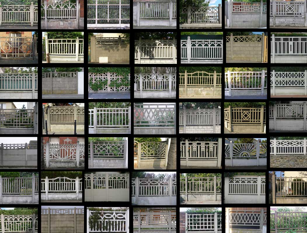 Image composée de 49 vues frontales de clôtures de jardin de banlieue en ciment armé, toutes différentes. Variations sur un thème, diversité, inventivité décorative. On peut y voir une métaphore de la diversité des personnes, toutes semblables, toutes différentes : chaque âme est un jardin secret.